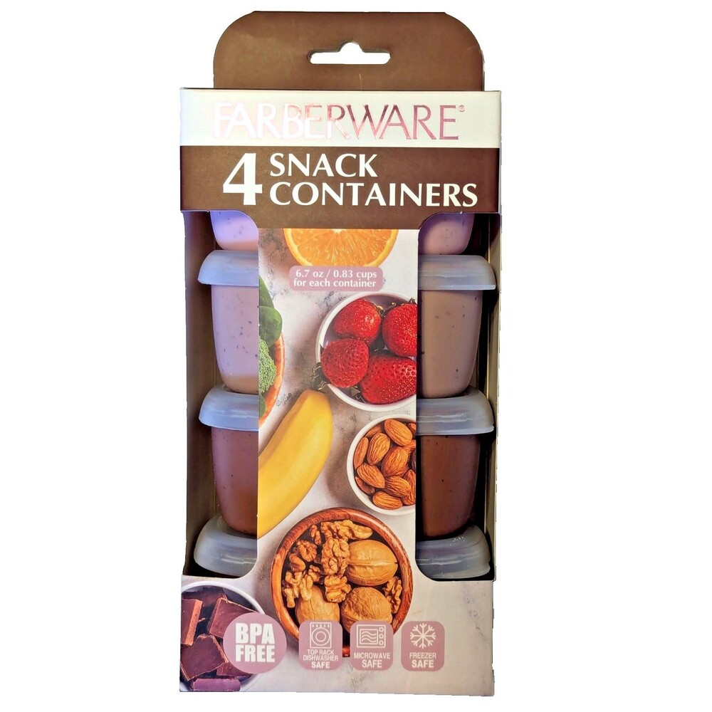 Farberware 4 Snack Containers and Lids BPA Free 6.7 oz Each Rectangle Mauve NIP